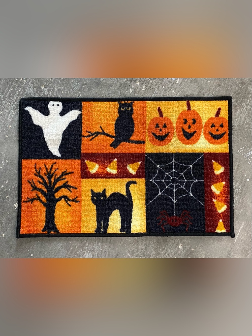 Halloween door mat. Ghost black cat pumpkin owl